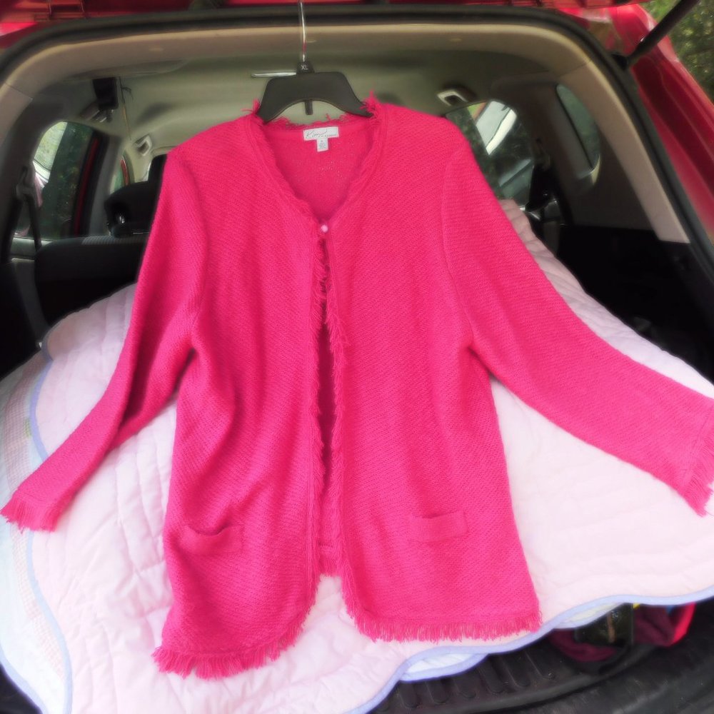 Kim Rogers Bright Pink Cardi Sweater Fringe embellishments Size XL